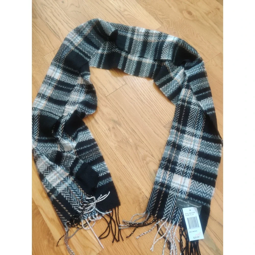 Premium Wool Blend Plaid Scarf Black Grey Cream Herringbone Fringed Winter Wrap